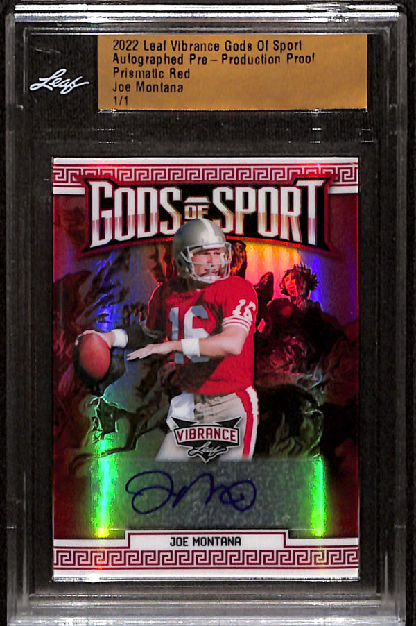 2022 Leaf Vibrance Gods of Sport Auto Pre-Product Proof Prismatic Red Joe Montana 1/1