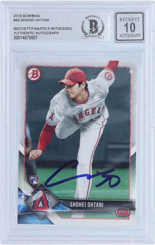 2018 Shohei Ohtani Los Angeles Angels Autographed Bowman 1 Pitching #49 Beckett Fanatics Witnessed Authenticated 10 Rookie Card - Baseball Slabbed Rookie Cards